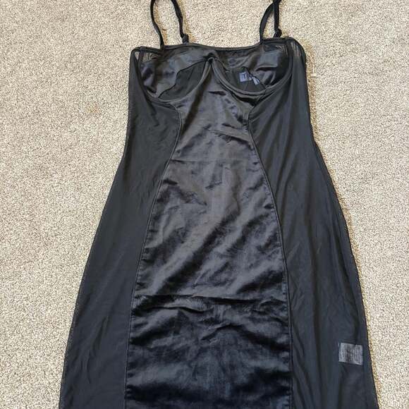 Tic Toc Black Velvet Mesh Bodycon Slip Dress Size [L ] Y2K Goth - Picture 1 of 6